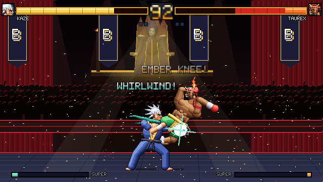 Kaze lands Whirlwind on Taurex in the Grand Bout arena